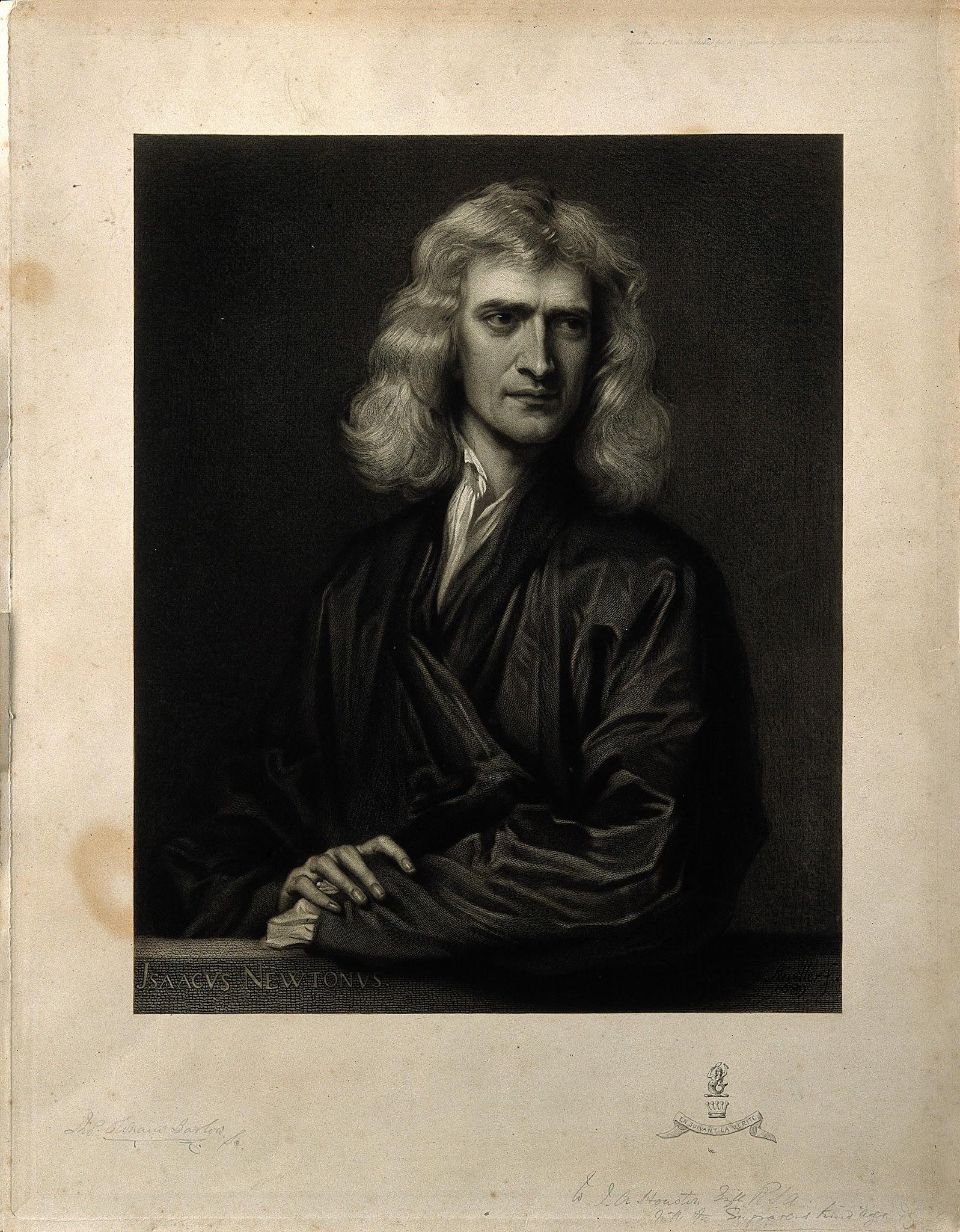 Black and white engraved portrait of a man with long wavy hair wearing a dark robe, seated and looking to the side. The artwork features detailed shading and includes the name "Isaacus Newtonus" inscribed at the bottom left.