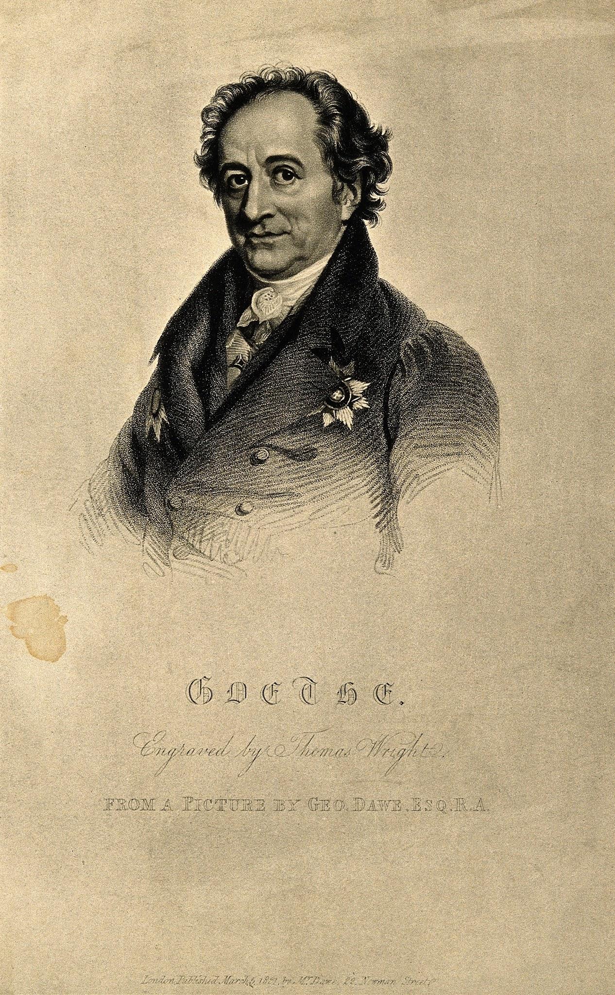 A sepia-toned engraved portrait of a man with curly hair, wearing a double-breasted coat adorned with a star-shaped medal. The engraving includes text identifying the subject as Goethe and credits the artist Thomas Wright and the original painter G.D. Davis.