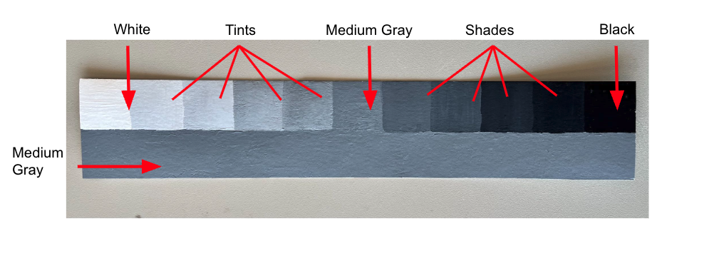 A labeled photograph of a horizontal grayscale gradient strip showing transitions from white to black with intermediate sections labeled as tints, medium gray, and shades. Red arrows point to specific areas, highlighting the progression of tones and distinguishing medium gray as both a horizontal base and a central vertical segment.
