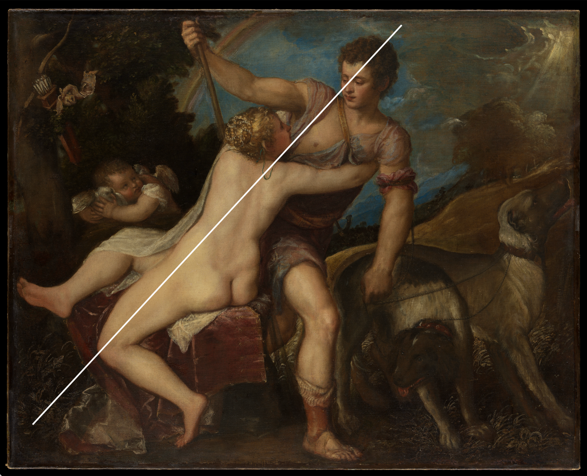 Painting features a clothed male and a nude female set within an outdoor landscape next to two dogs and other figures. A white diagonal axis line is layered on top of the image to show compositional imbalance.