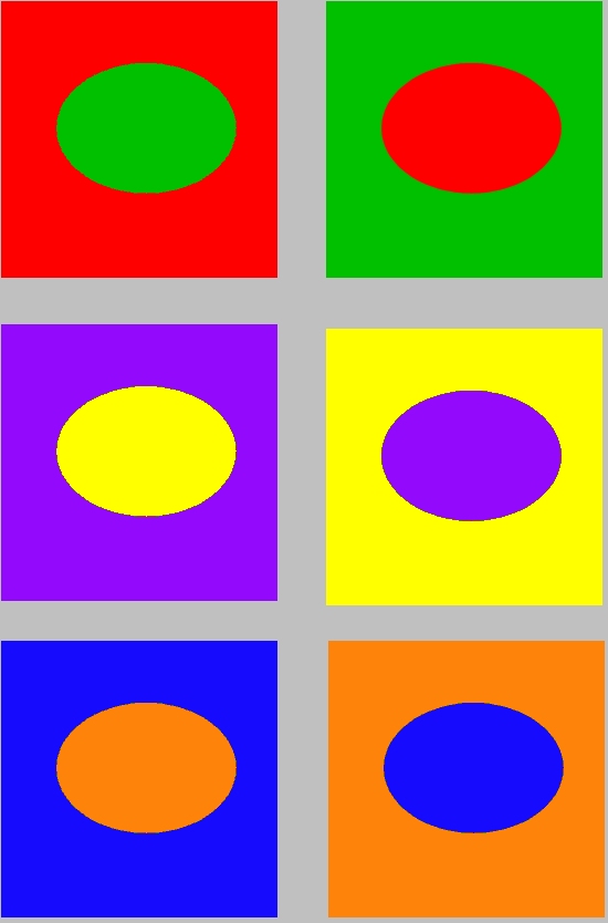 A color pattern diagram featuring three squares arranged in columns and rows, each containing an oval shape with contrasting colors. The left column squares are red, purple, and blue with green, yellow, and orange ovals respectively, highlighting complementary color pairings.