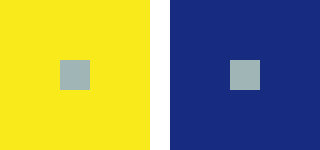 Two side-by-side color blocks with a small gray square centered in each; left block is bright yellow, right block is dark blue. This visual contrasts color backgrounds with identical gray squares to highlight differences in color perception or design elements.