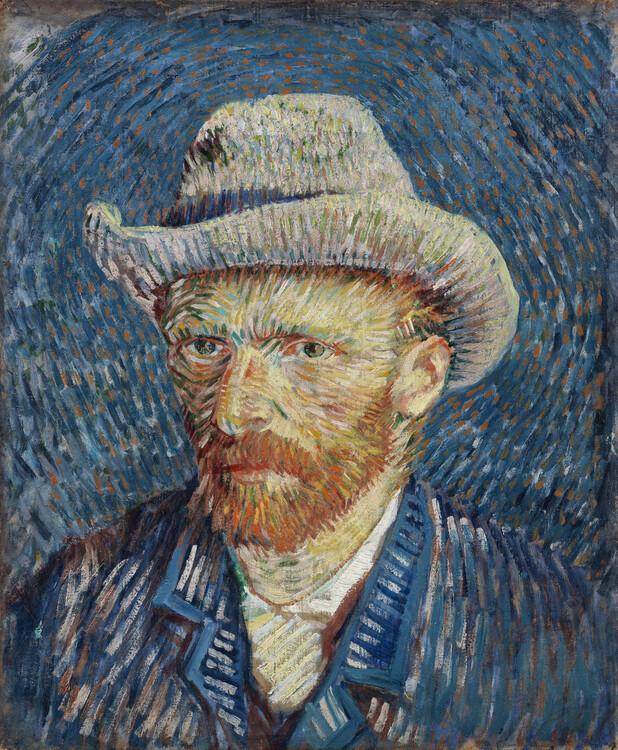 Post-Impressionist oil painting portrait of a man with red hair and beard wearing a light-colored hat and blue jacket. Brushstrokes create textured patterns in the background and clothing, emphasizing facial features and intense expression.