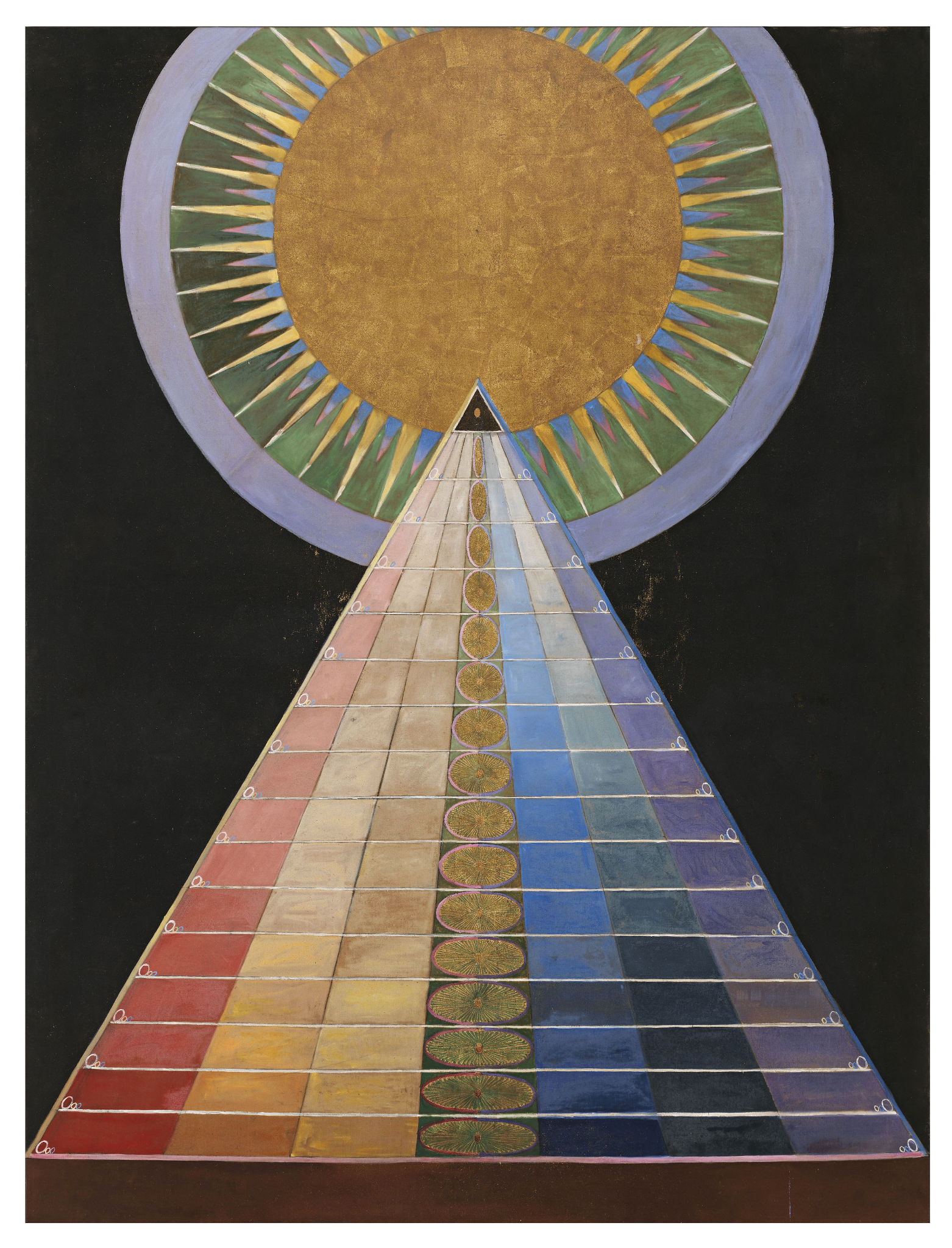 Abstract painting featuring a large golden circle at top center with radiating green and blue spikes, connected to a triangular grid below filled with gradient color blocks transitioning from red to blue. The triangular grid contains rows and circular gold motifs along the center, suggesting a symbolic representation of color and light.