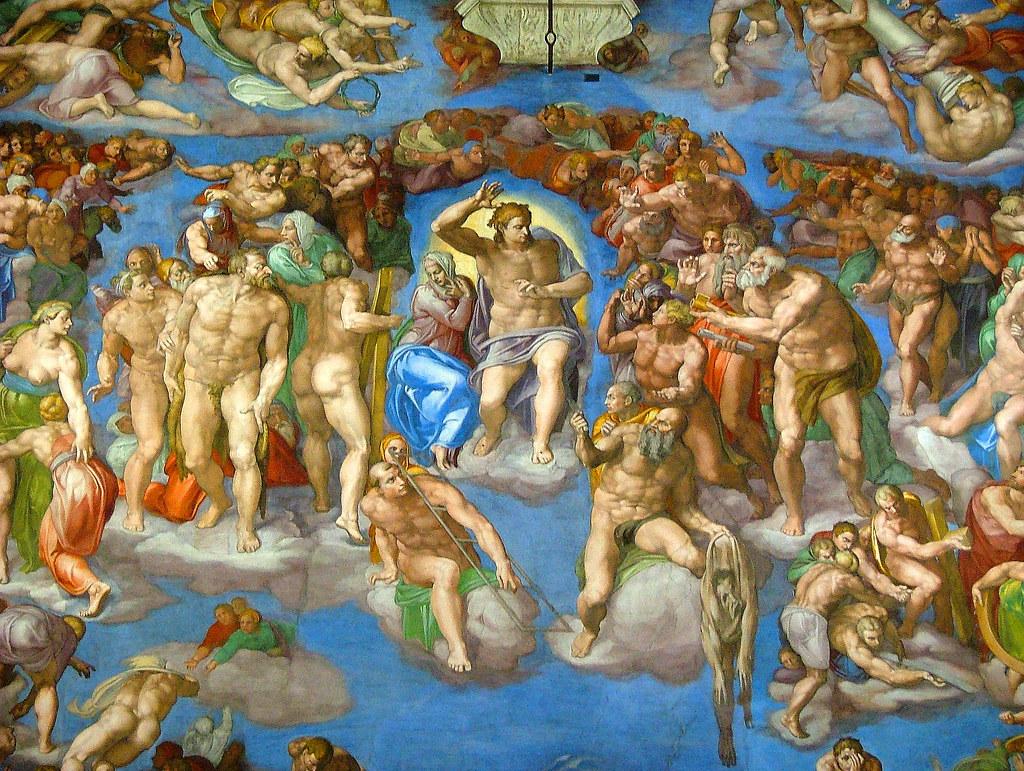 Michelangelo, Last Judgment, Sistine Chapel, altar wall fresco painting depicting the Last Judgment with Christ at the center surrounded by angels, saints, and resurrected souls ascending or descending. The composition features vibrant colors, dynamic poses, and a dramatic contrast between saved figures on the right and damned souls on the left, illustrating themes of salvation and damnation.