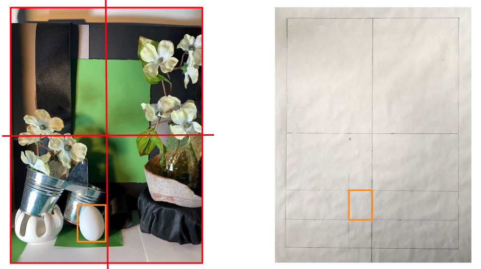 Photograph of a still life setup on the left and a corresponding grid drawing outline on the right. The setup includes white flowers in glass and metal containers, a white egg, and a green background, with red grid lines and an orange square highlighting a specific section for detailed drawing.