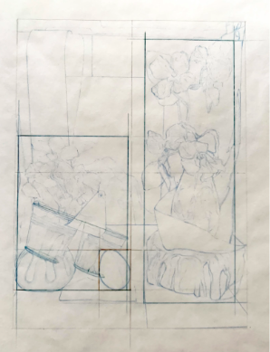 A pencil sketch blueprint showing two rectangular sections with rough outlines of flowers and vases inside. The drawing features geometric shapes and construction lines, suggesting a preliminary design or layout for a floral arrangement or still life composition.