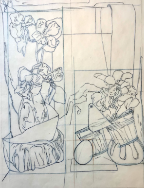 A line drawing sketch of a still life composition featuring two vases with flowers and geometric shapes in the background. The drawing uses thin, continuous lines to outline petals, leaves, and containers, with a grid structure suggesting preliminary planning or proportion study.