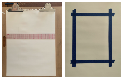 Photograph showing two sheets of paper side by side on a wooden surface. Left sheet has a pink grid ruler horizontally across the center with a faint rectangular outline, while right sheet has a blue rectangular tape frame.