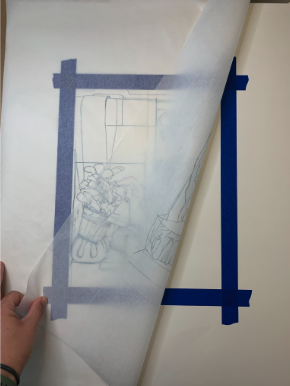 Photograph shows a hand lifting a translucent sheet revealing a pencil sketch underneath, secured with blue painter's tape on a white surface. Sketch depicts a still life scene with a vase of flowers and draped fabric, highlighting artistic process and layering technique.