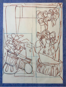 Line drawing of two potted plants with flowers, featuring geometric shapes and overlapping outlines. The artwork uses brown lines on a white background with blue grid lines, highlighting structural composition and spatial relationships.