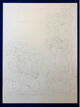 Sketch drawing showing two potted plants with detailed outlines of leaves and flowers. Composition includes a rectangular background and base, emphasizing plant shapes and arrangement.