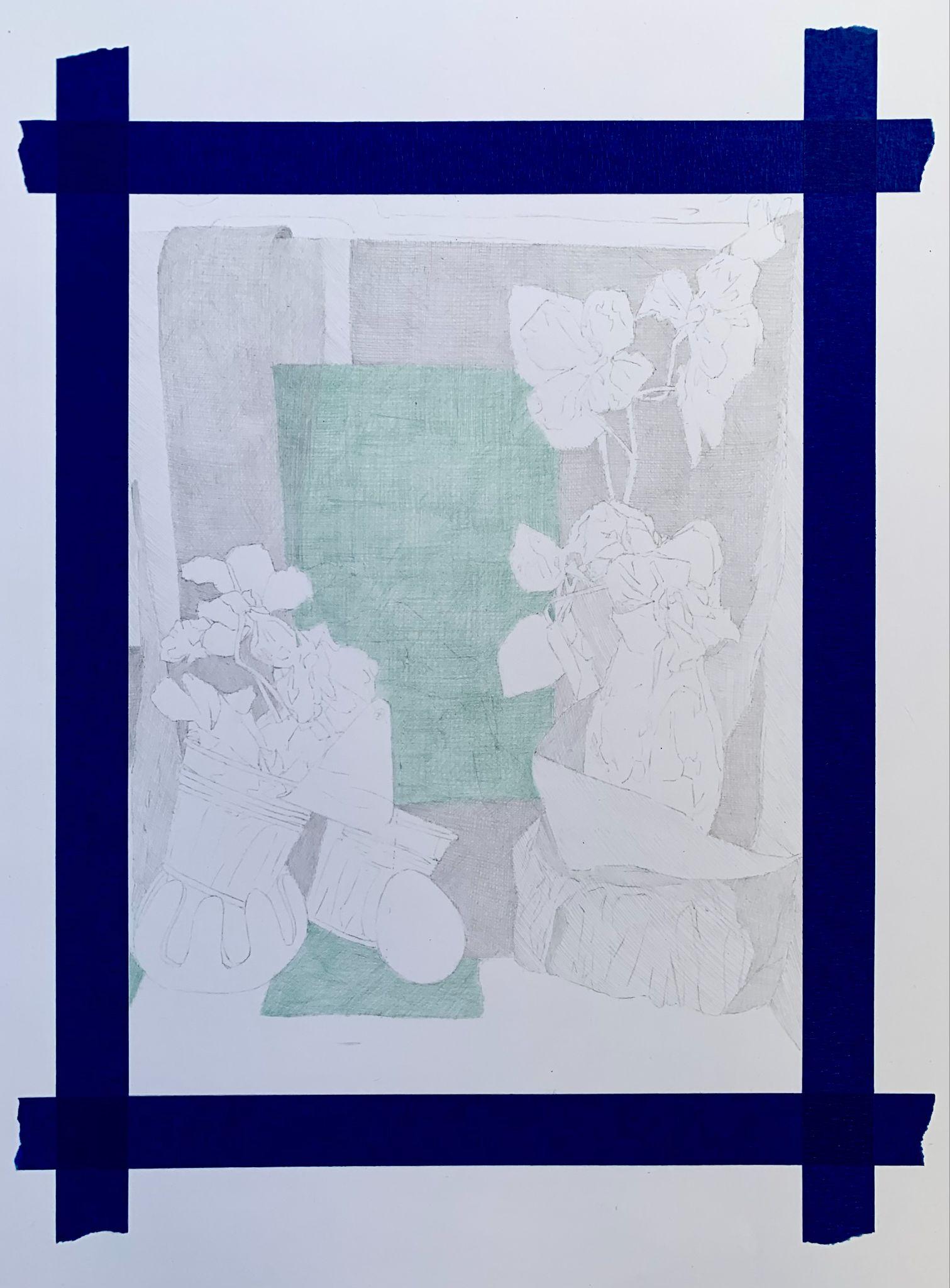 A pencil sketch artwork features two vases with flowers placed against a background of rectangular shapes, one shaded in green. Blue painter's tape frames the drawing, highlighting the unfinished details and delicate line work.