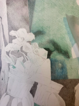 A colored pencil drawing depicting a vase of flowers on a table with a green and blue abstract background. The composition features soft shading and muted tones, emphasizing the delicate petals and textured surfaces.