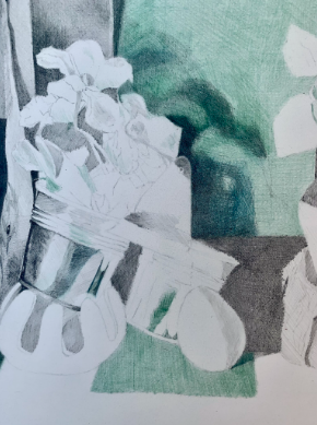 A pencil and colored pencil drawing of a still life featuring a reflective metal vase with flowers, a tilted cup, and a round fruit on a green cloth. The artwork highlights contrast between detailed shading on objects and a softly colored green background, emphasizing light reflections and textures.