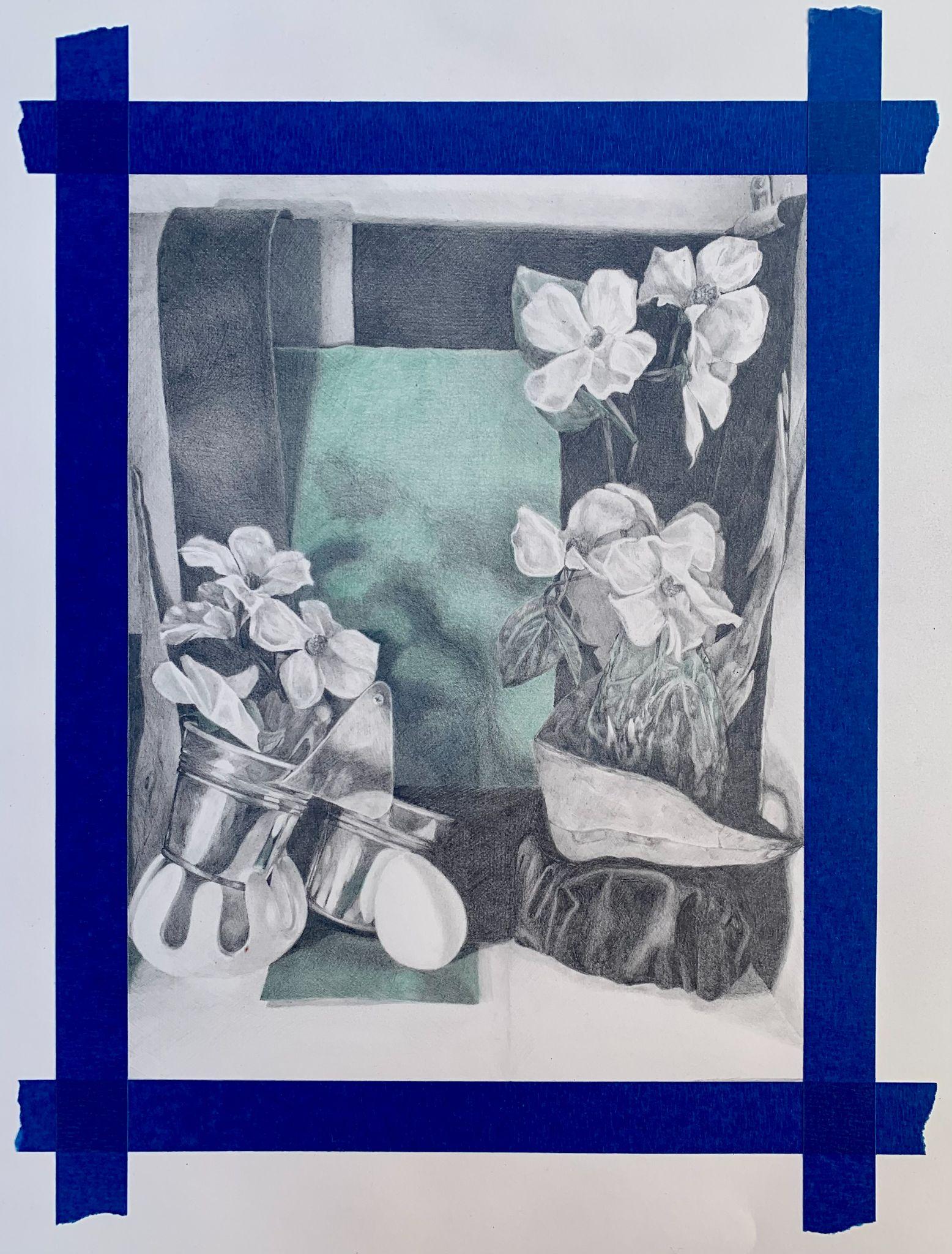 A black and white pencil drawing of a still life arrangement featuring flowers in vases, a spoon, and draped fabric. The composition is framed by blue painter's tape, highlighting contrasts between light and shadow with detailed textures on petals, leaves, and reflective surfaces.