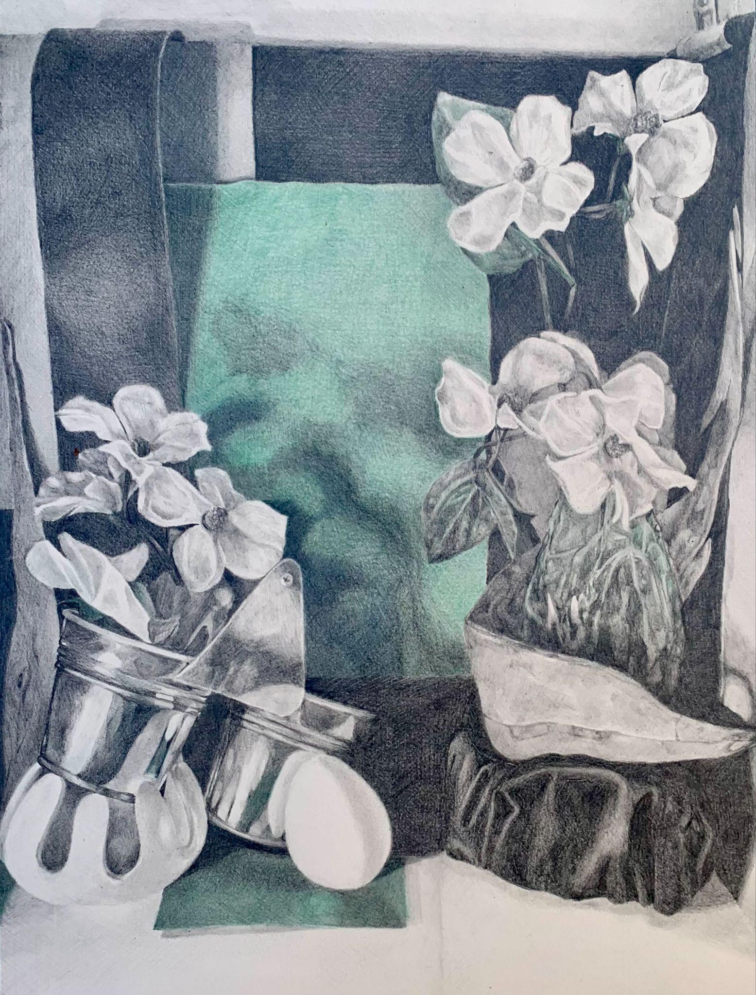 A detailed pencil drawing of a still life featuring white flowers in a glass vase and a metal bucket, set against a dark and green background. The composition highlights delicate petals, reflective surfaces, and contrasting textures, emphasizing light and shadow effects.