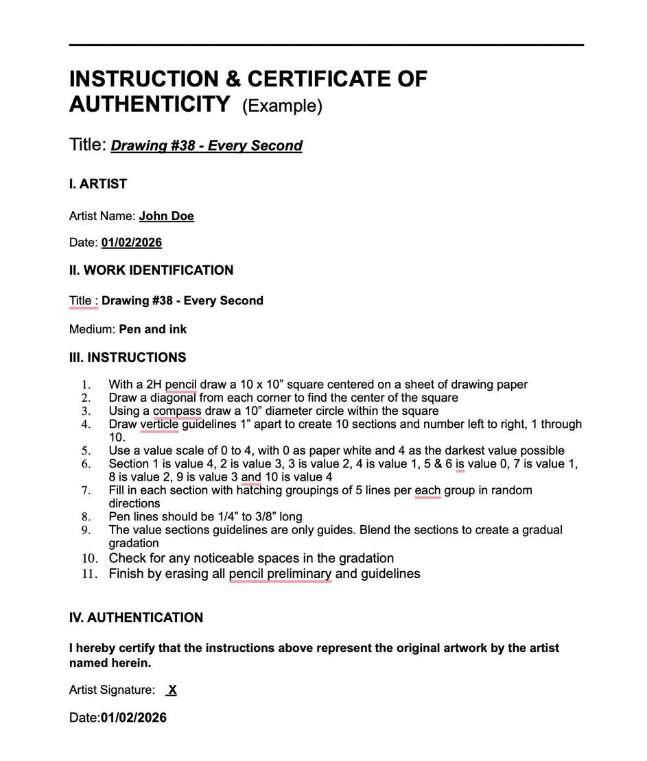 Certificate of authenticity and instructions document for artwork titled "Drawing #38 - Every Second" by artist John Doe, dated 01/02/2026. Contains detailed drawing guidelines including use of pencil, value scale, section values, and blending techniques, along with artist signature and date for authentication.