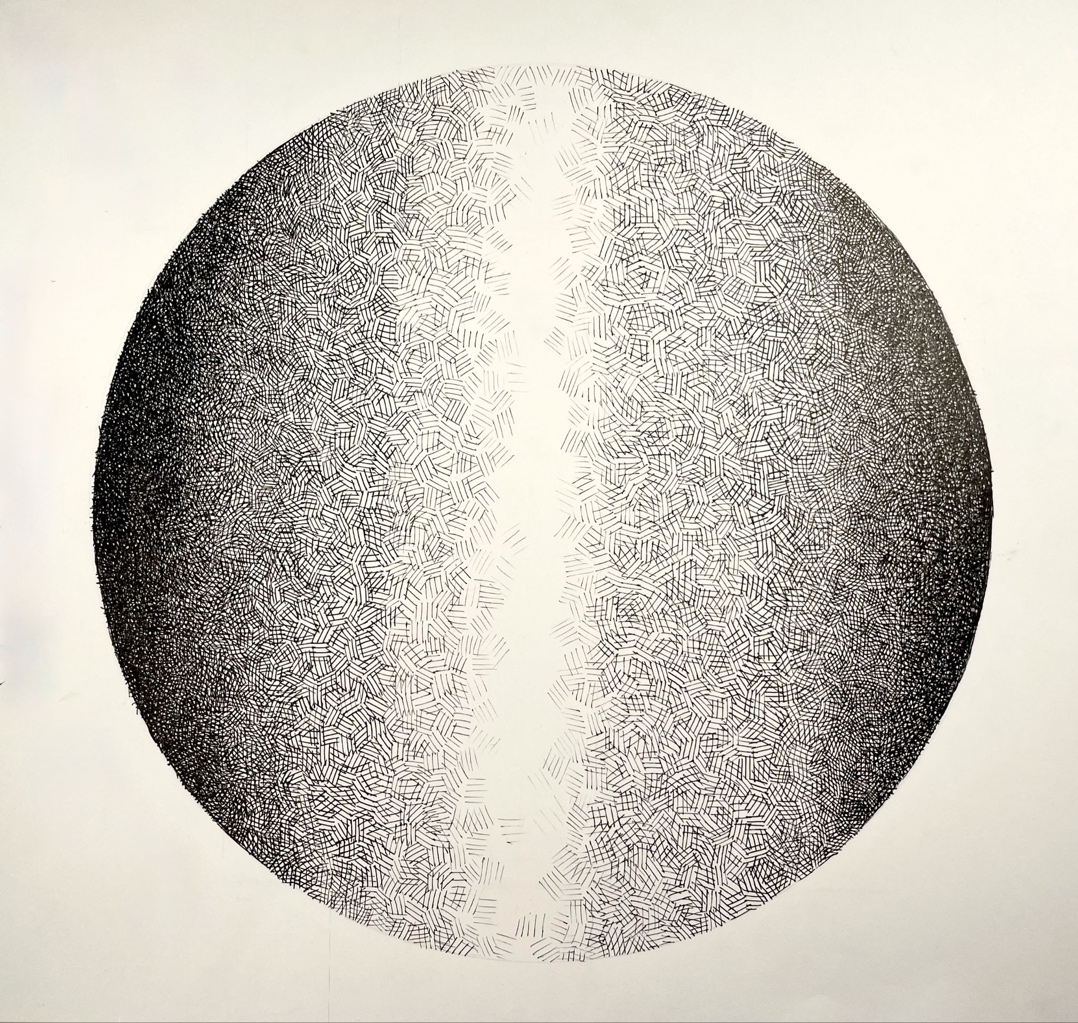 A black and white illustration of a circle with a vertical gradient from dark on the edges to light in the center. The pattern consists of dense dots and short lines creating a textured, almost three-dimensional effect.