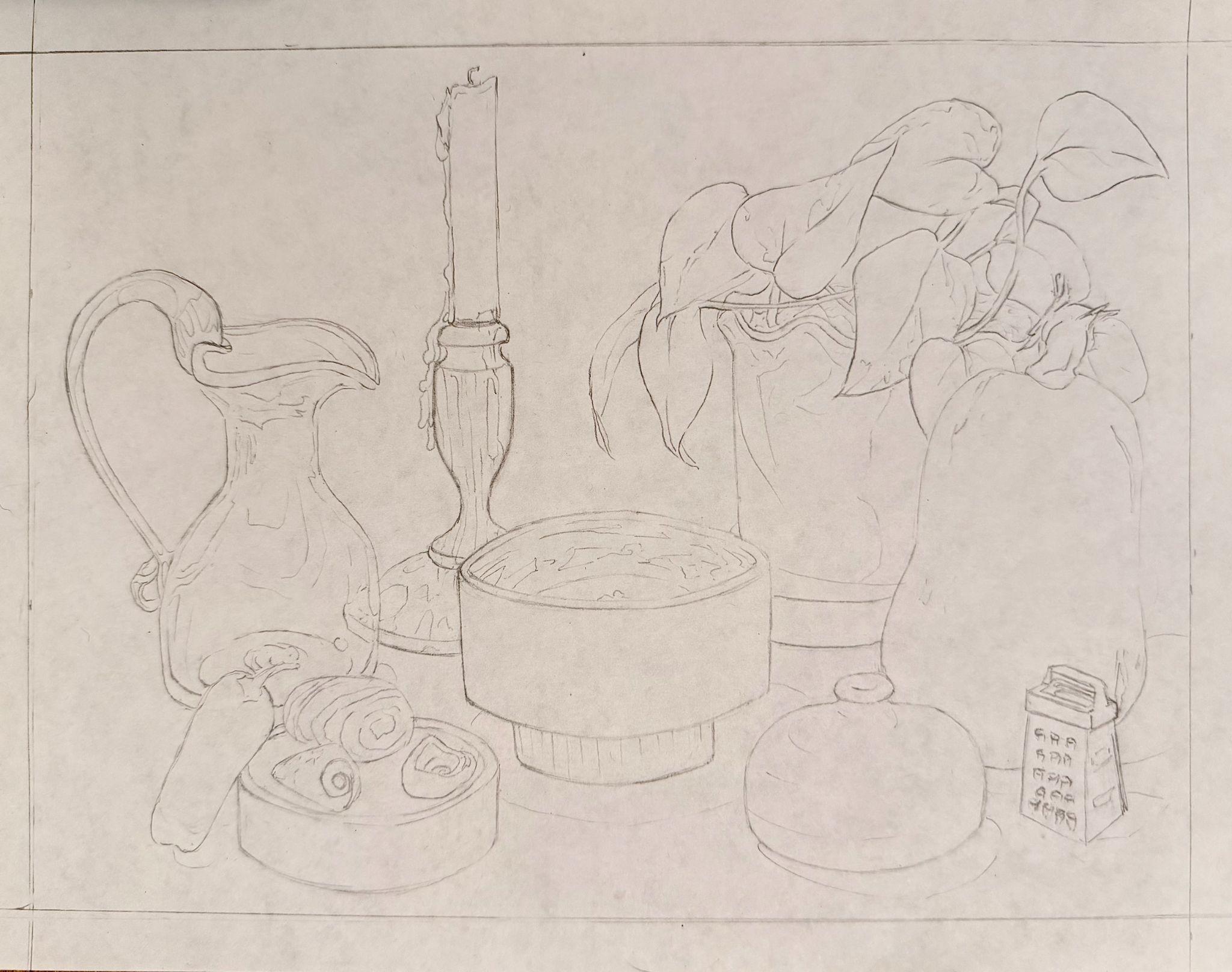 A pencil sketch of a still life composition featuring a pitcher, a candle on a holder, a bowl, a potted plant, a fruit, a small box, and a plate with rolled items. The drawing emphasizes outlines and shapes without shading or color.