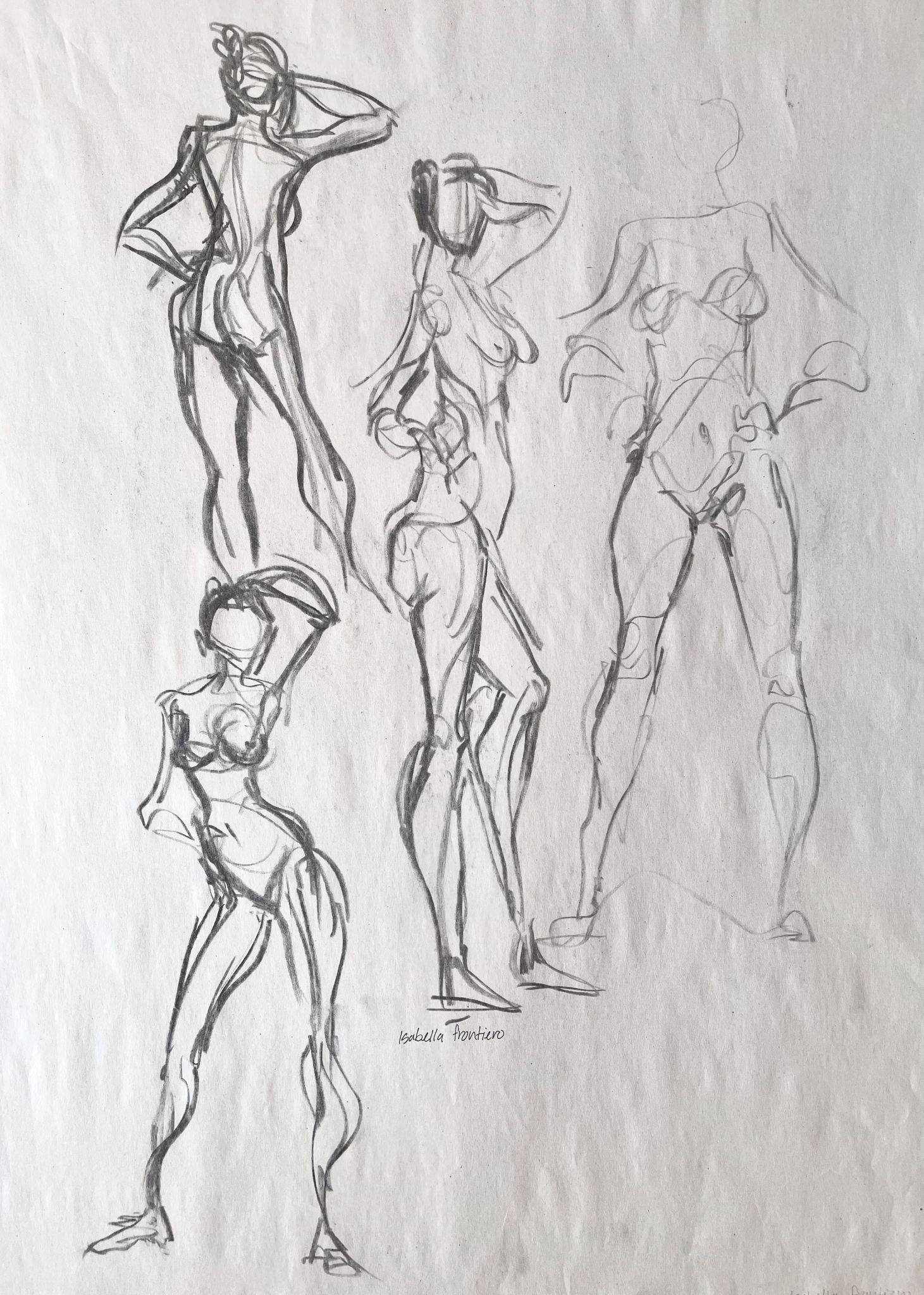 Sketch of four human figures in various standing poses, drawn with loose, expressive charcoal lines on white paper. The figures emphasize body contours and posture, with some areas more detailed and others left as light outlines, showcasing different stages of gesture drawing.