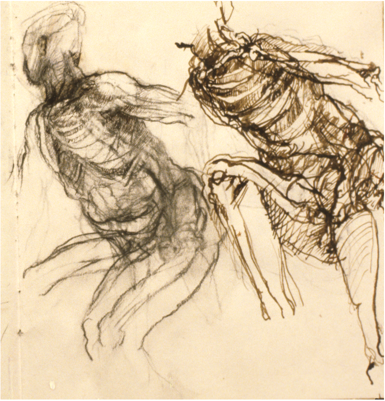 A charcoal sketch depicting two human figures in dynamic poses, emphasizing skeletal and muscular structures with loose, expressive lines. The drawing highlights anatomical details and movement, using dark, bold strokes contrasted with lighter shading on a beige background.