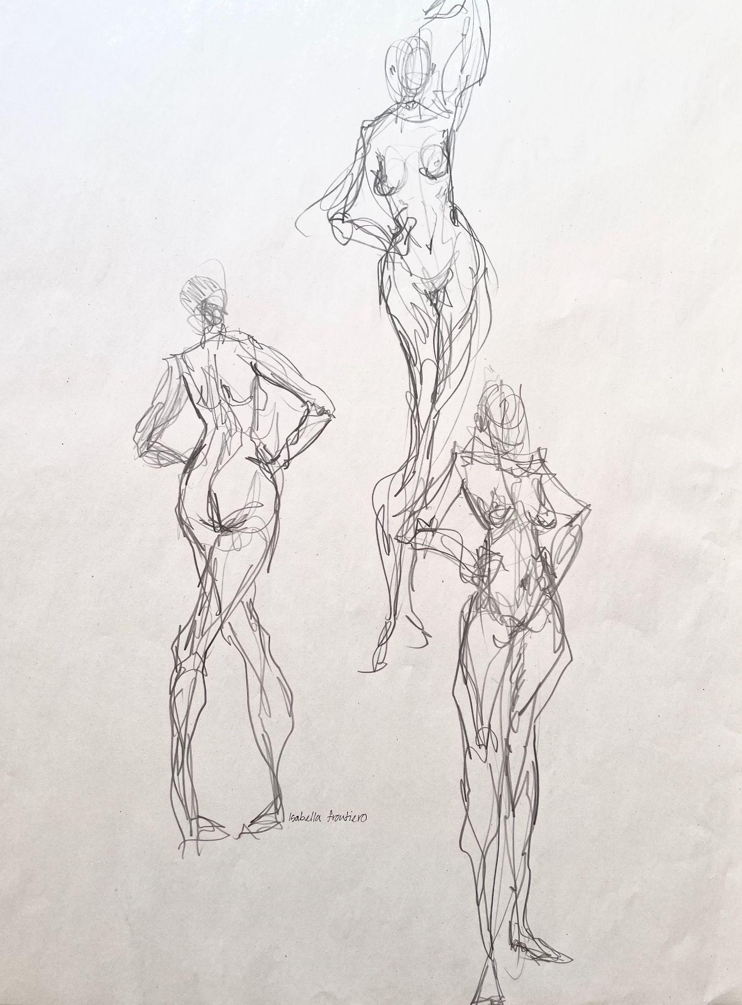 A pencil sketch featuring three human figures in different standing poses, emphasizing fluid lines and dynamic movement. The drawing focuses on anatomical structure and gesture, with minimal facial details and overlapping lines creating a sense of motion.