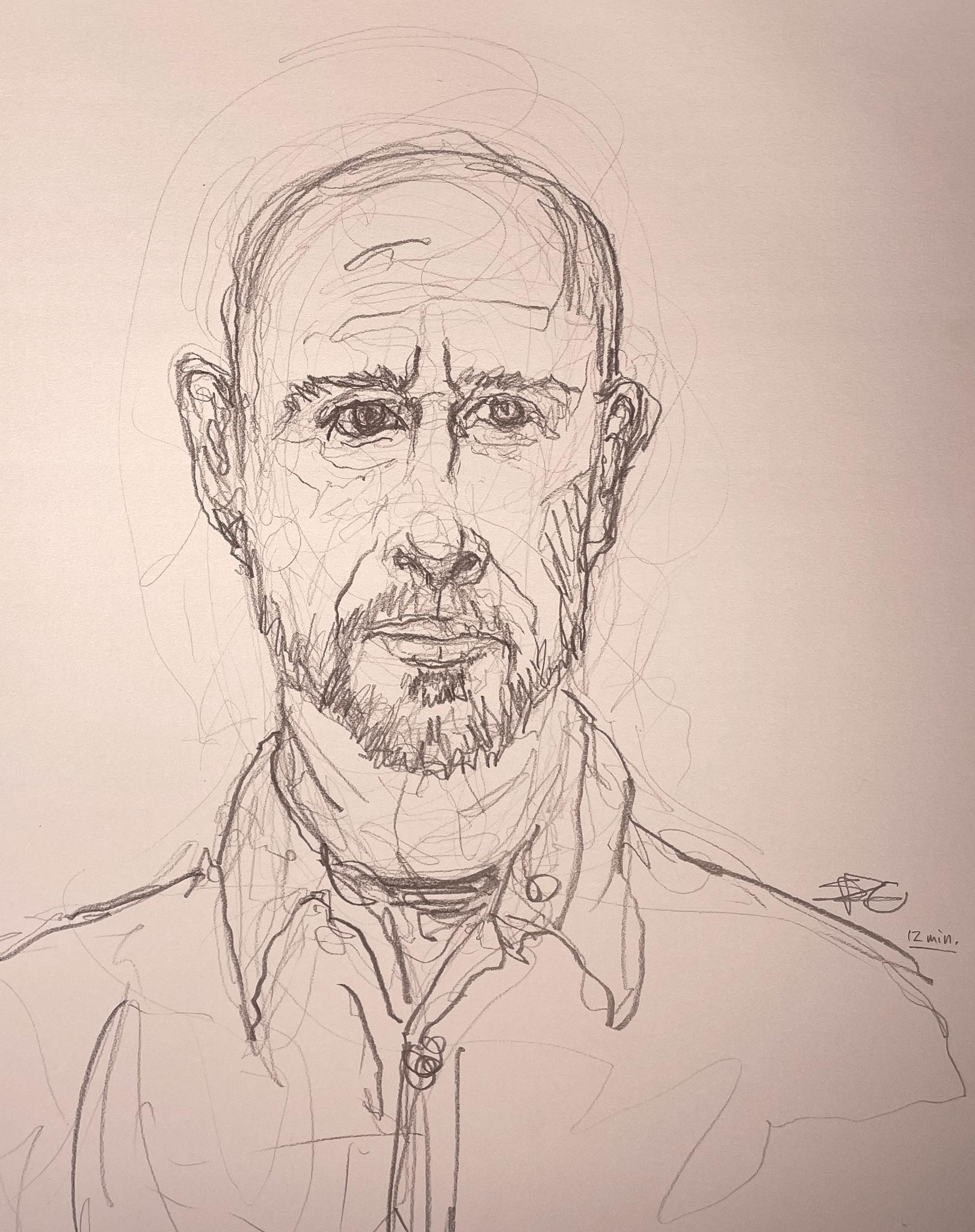 A pencil sketch portrait of a man with a beard and mustache, wearing a collared shirt. The drawing features detailed facial expressions with strong lines emphasizing wrinkles and contours, capturing a serious and contemplative mood.