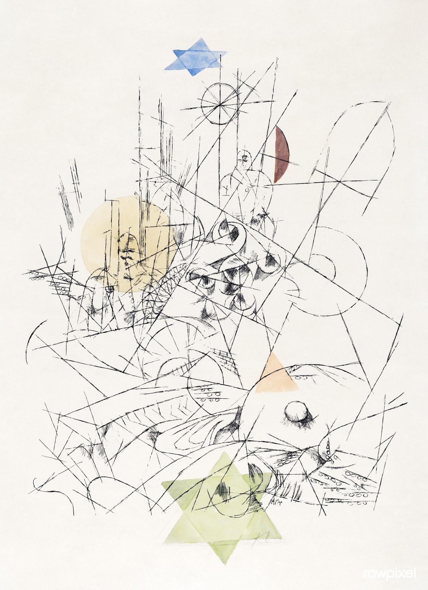 Abstract line drawing featuring geometric shapes and faint watercolor accents in blue, yellow, red, and green. Composition includes intersecting lines, circles, and human figures, creating a complex, layered visual with a sense of depth and movement.