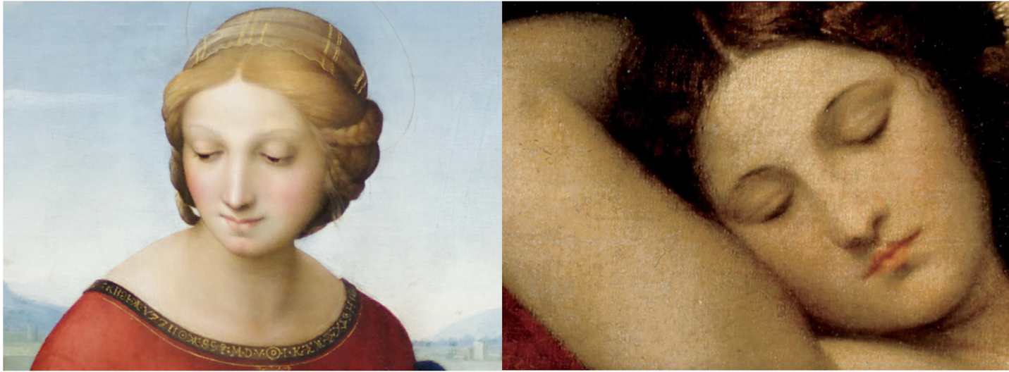 Two side-by-side paintings of two woman each with light skin and reddish-brown hair; the left shows the woman with eyes open, wearing a red dress with gold trim, against a soft blue sky background. The right is a close-up of a face with eyes closed, resting on her arm, highlighting delicate facial features and smooth skin texture.