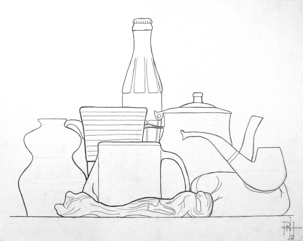 Line drawing of a still life featuring various household objects including a bottle, a striped cup, a teapot, a pipe, a vase, and a piece of cloth arranged on a flat surface. The composition emphasizes simple outlines and shapes with minimal shading, highlighting the contrast between different forms and textures.