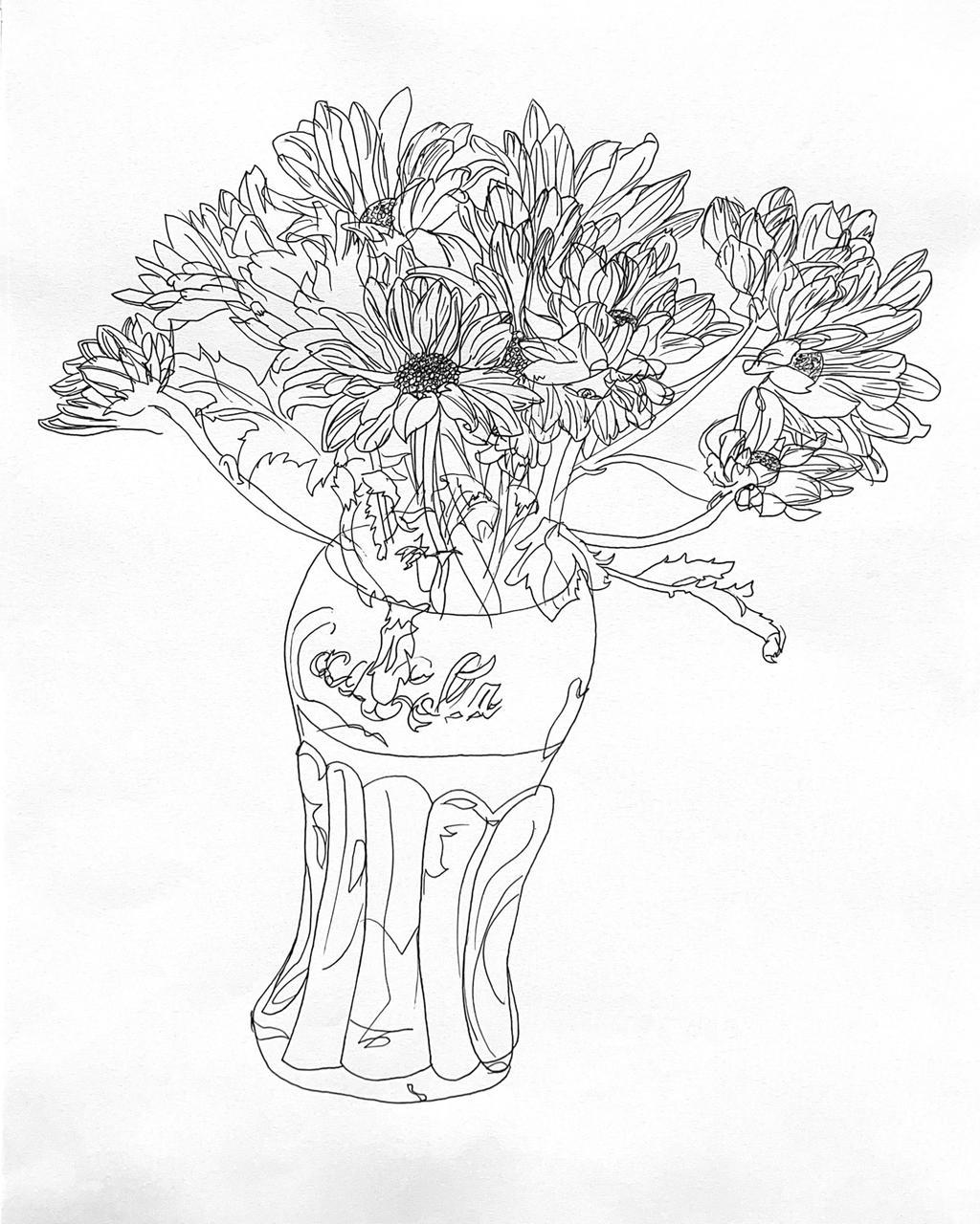 A detailed black and white line drawing of a bouquet of flowers arranged in a decorative vase. The illustration highlights intricate petal and leaf shapes, with emphasis on the vase's ornate patterns and curved design.