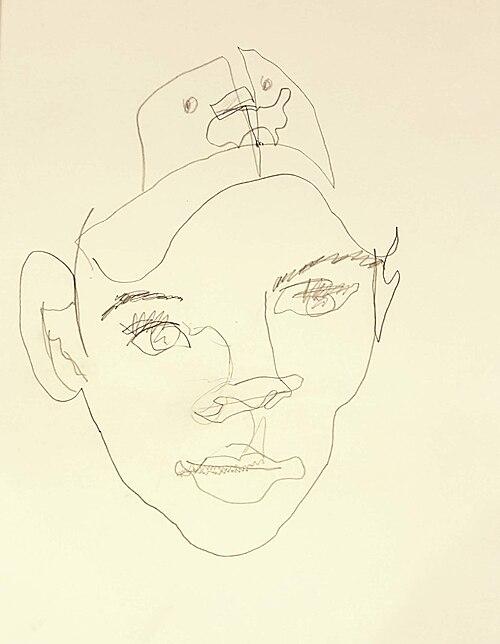 A minimalist line drawing of a person's face wearing a baseball cap, created with continuous, overlapping lines. The sketch emphasizes facial features like eyes, nose, and lips with simple, fluid strokes on a plain background.