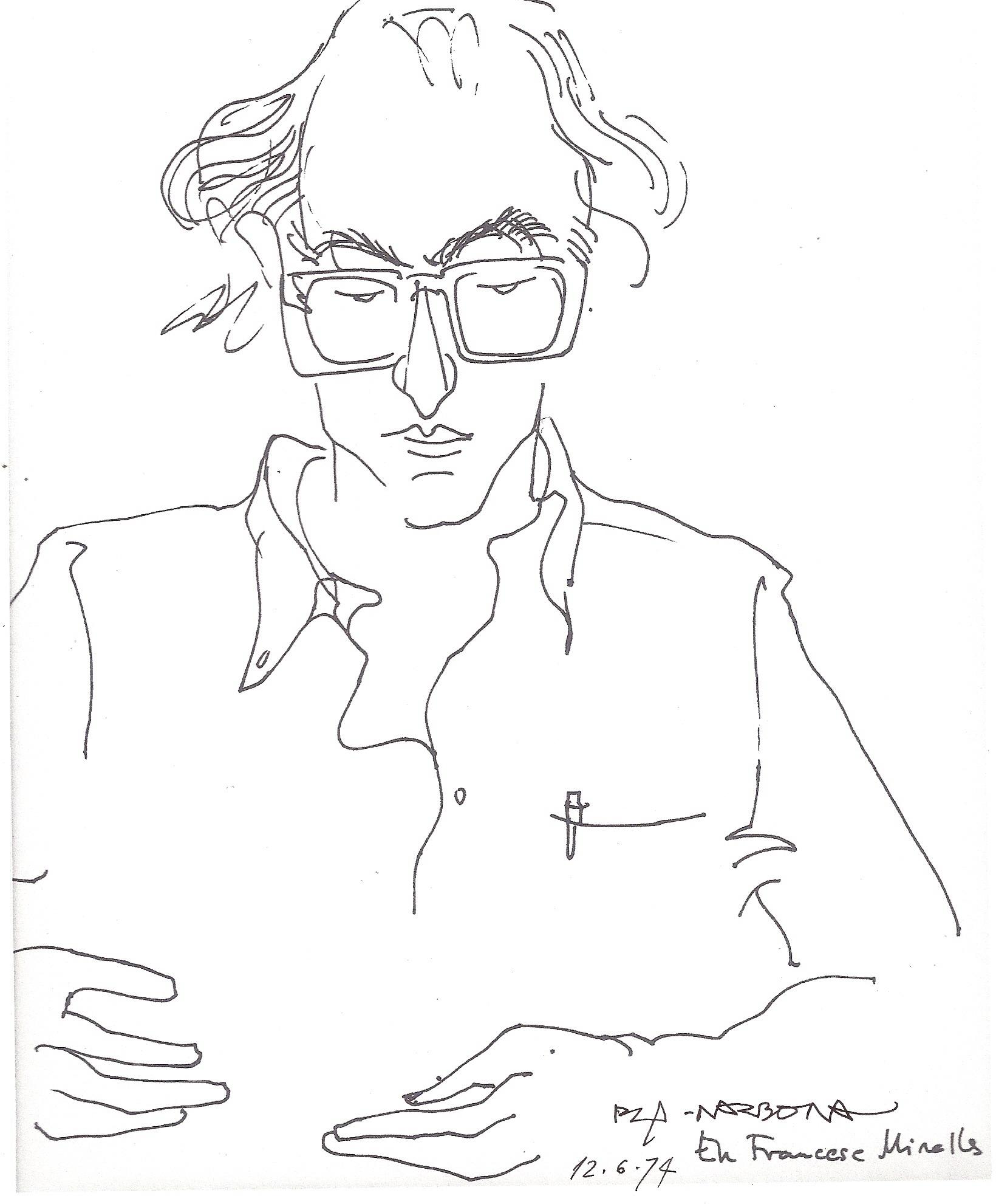 Line drawing portrait of a man wearing glasses and a collared shirt, holding a book or paper. The sketch uses minimal, flowing lines with emphasis on facial features and hands, signed and dated at bottom right.
