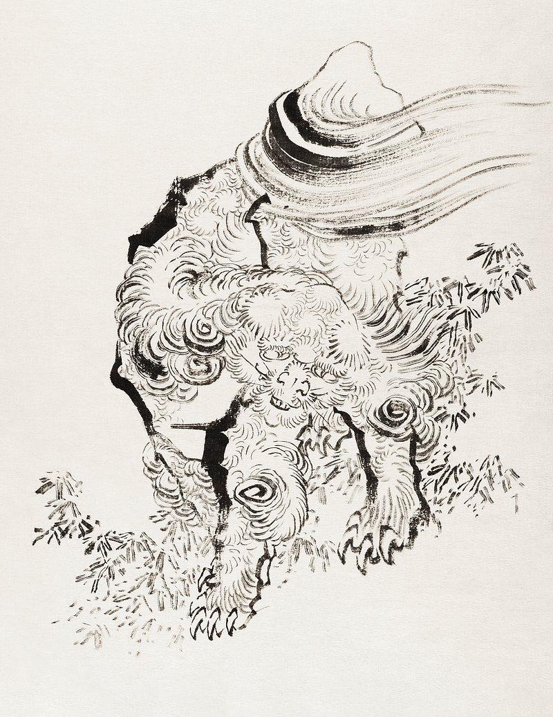 Ink drawing of a mythical lion-like creature with swirling fur patterns and a flowing tail, surrounded by delicate bamboo leaves. The artwork uses black lines and shading to create texture and movement, emphasizing the creature's dynamic pose and intricate details.