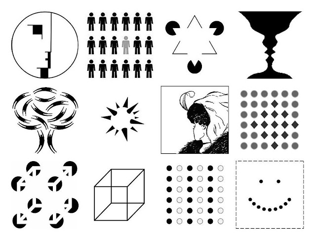 A collection of twelve black and white optical illusions arranged in a grid, demonstrating various visual perception phenomena. Notable illusions include a face-vase figure, ambiguous human silhouettes, impossible triangle, spinning shapes, and a smiley face formed by dots, highlighting contrasts, shapes, and figure-ground relationships.