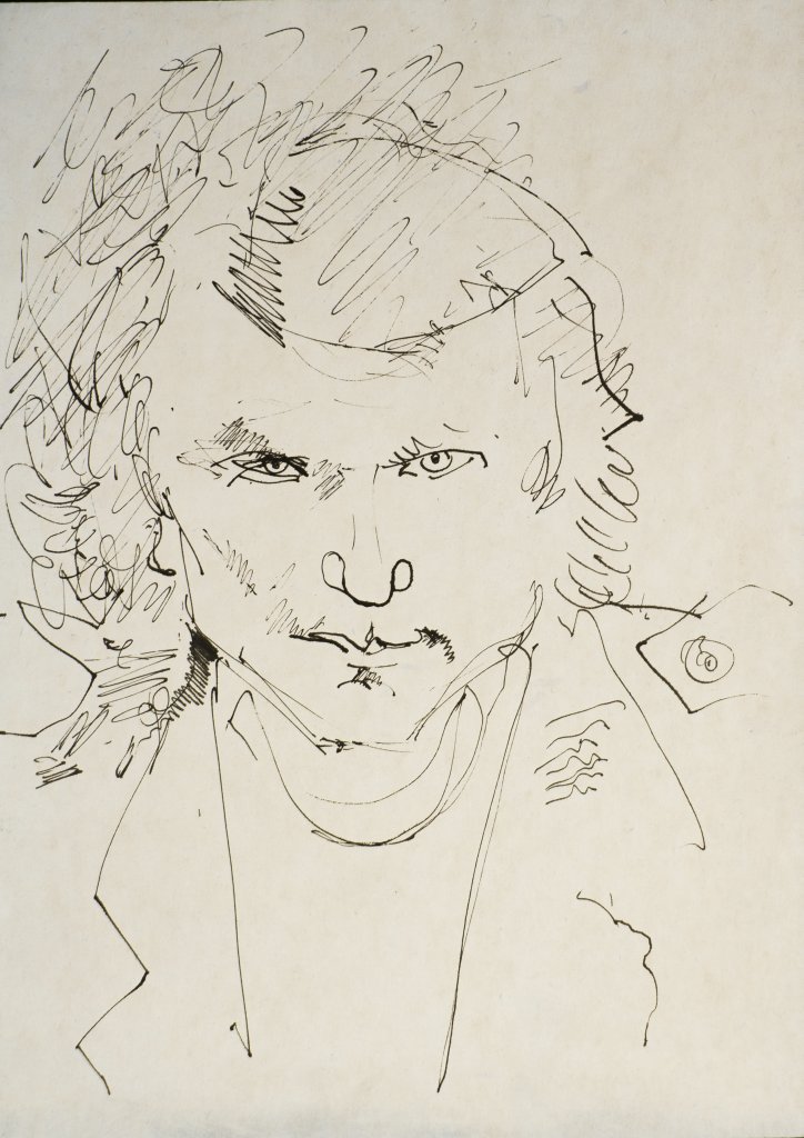 A pen sketch portrait of a man with intense eyes, tousled hair, and a slight mustache, wearing a jacket with a visible button and collar. The drawing uses loose, expressive lines and minimal shading to capture facial features and hair texture.