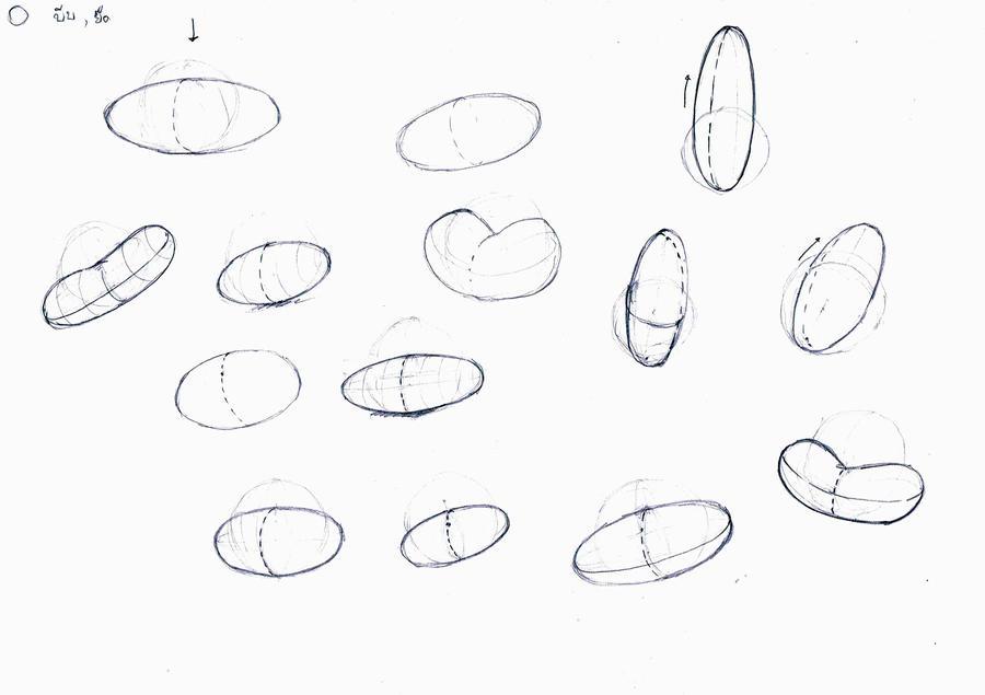 Sketches of ellipses and rounded shapes arranged in rows, demonstrating different perspectives and orientations. Lines and arrows indicate axes and curvature, highlighting techniques for drawing three-dimensional forms and volume.