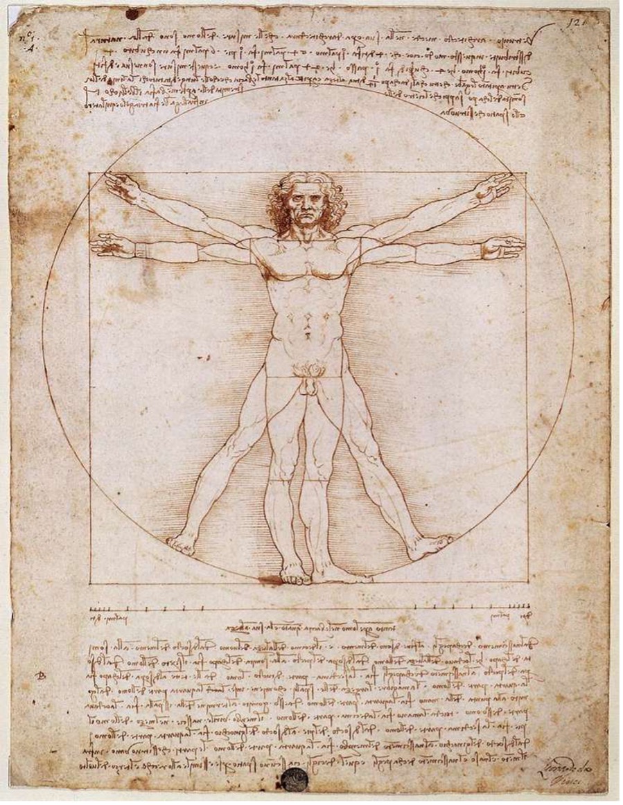A detailed drawing of a male figure in two superimposed positions with arms and legs apart, inscribed in a circle and a square. This Renaissance anatomical study by Leonardo da Vinci illustrates ideal human body proportions with handwritten notes surrounding the figure.