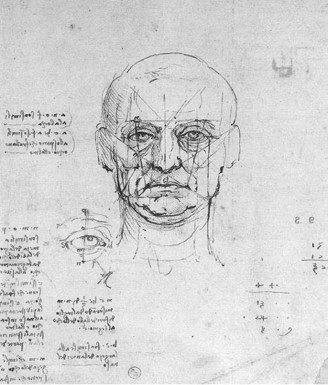 Sketch of a human male head and an eye with geometric lines illustrating facial proportions and anatomical structure. Handwritten notes and numerical annotations surround the drawings, indicating study of symmetry and measurement principles.