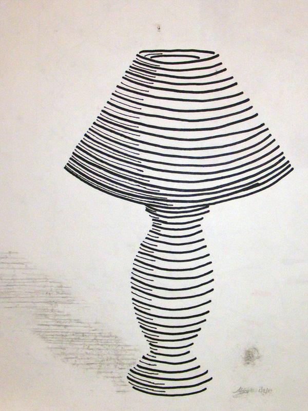 A black and white line drawing of a table lamp created using horizontal curved lines to define its shape and contours. The lamp features a wide conical shade and a rounded base, with shading indicated by denser lines on one side and a shadow cast to the left.