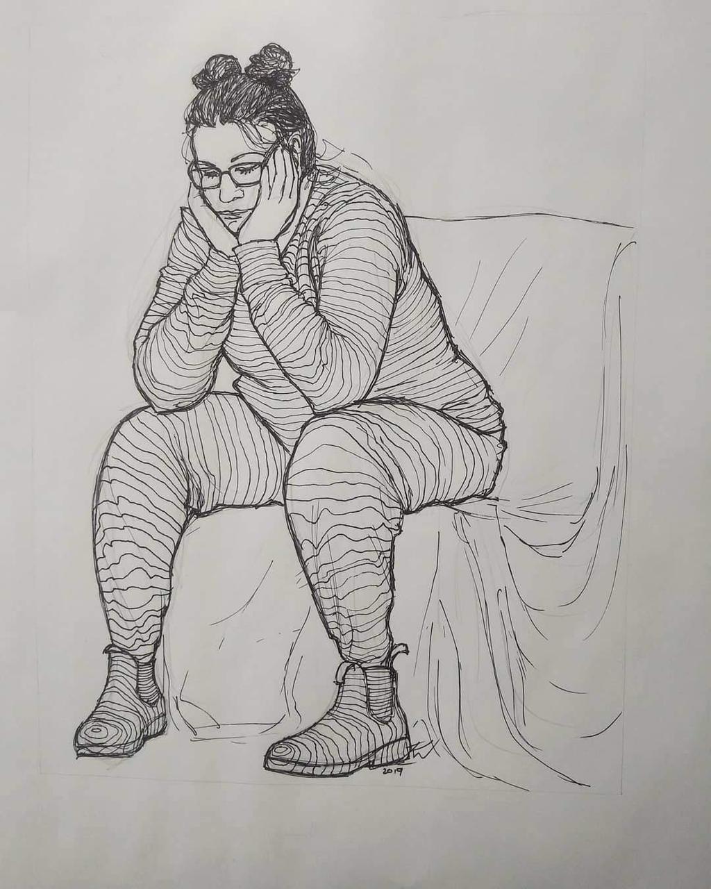 A black and white line drawing of a person sitting on a draped chair, resting their face in their hands with a contemplative expression. The figure wears glasses, a striped outfit, and boots, with detailed line work emphasizing folds and shadows.