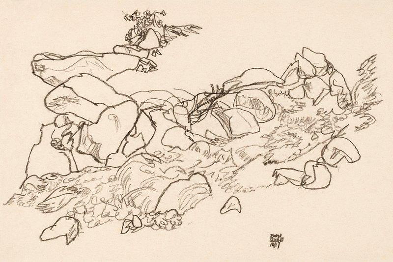 A detailed line drawing depicts a rocky stream bed with flowing water and scattered stones, emphasizing natural textures and movement. The monochromatic sketch uses fine, continuous lines to capture intricate details of rocks and water currents, highlighting an organic landscape scene.