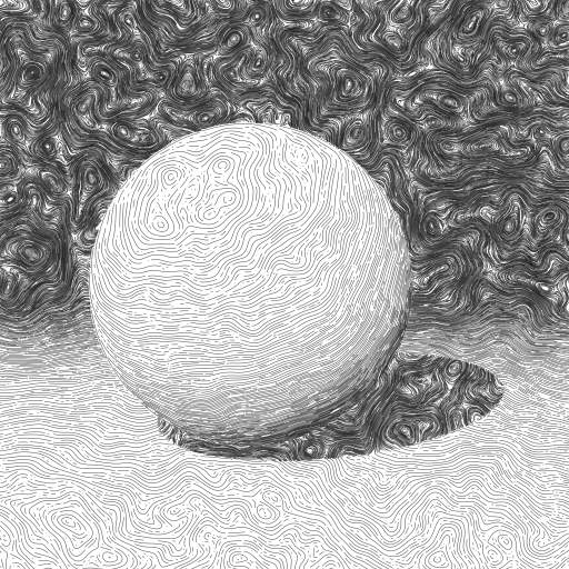 A detailed black and white line drawing depicts a large sphere resting on a textured surface with a shadow cast to the right. The background features swirling, intricate patterns that create a sense of depth and contrast with the smooth, curved lines forming the sphere.