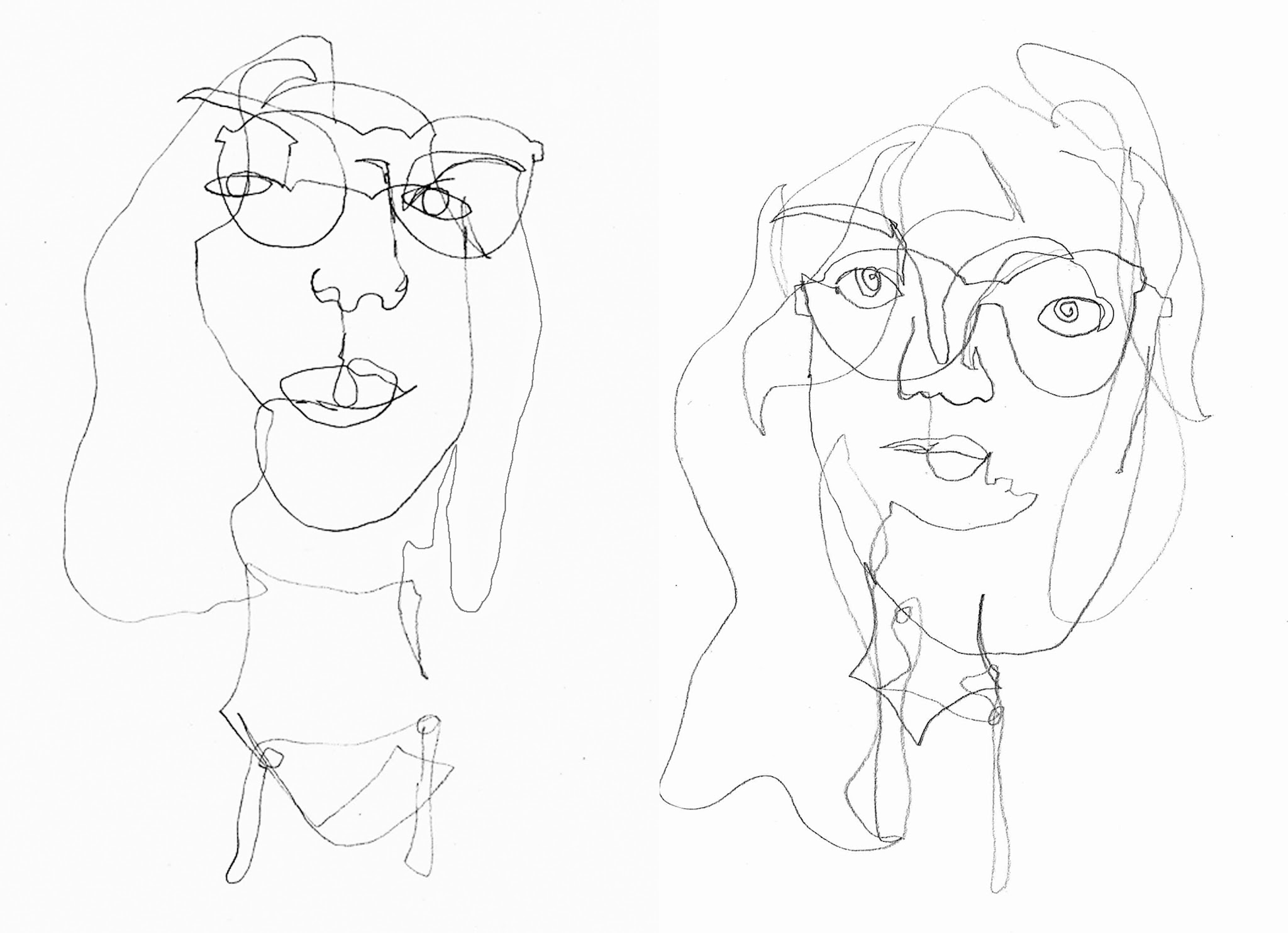 A line drawing featuring two abstract, overlapping portraits of women wearing glasses, created with continuous single lines. The artwork emphasizes facial features and hair with minimal detail, showcasing an expressive and fluid style.