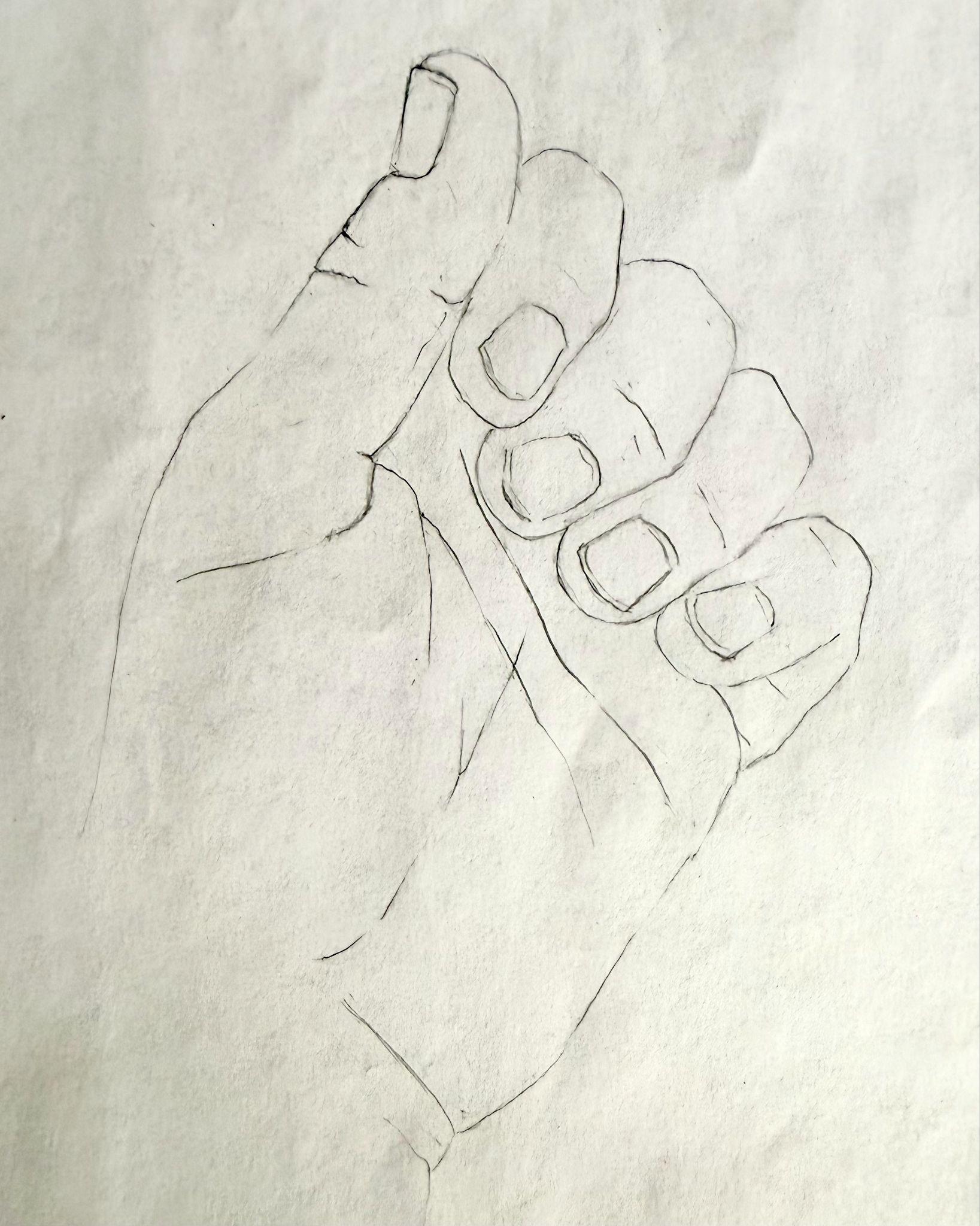 A pencil sketch of a human hand with fingers slightly curled inward, showing detailed outlines of nails and knuckles. The drawing focuses on hand anatomy with simple, clean lines on plain paper.