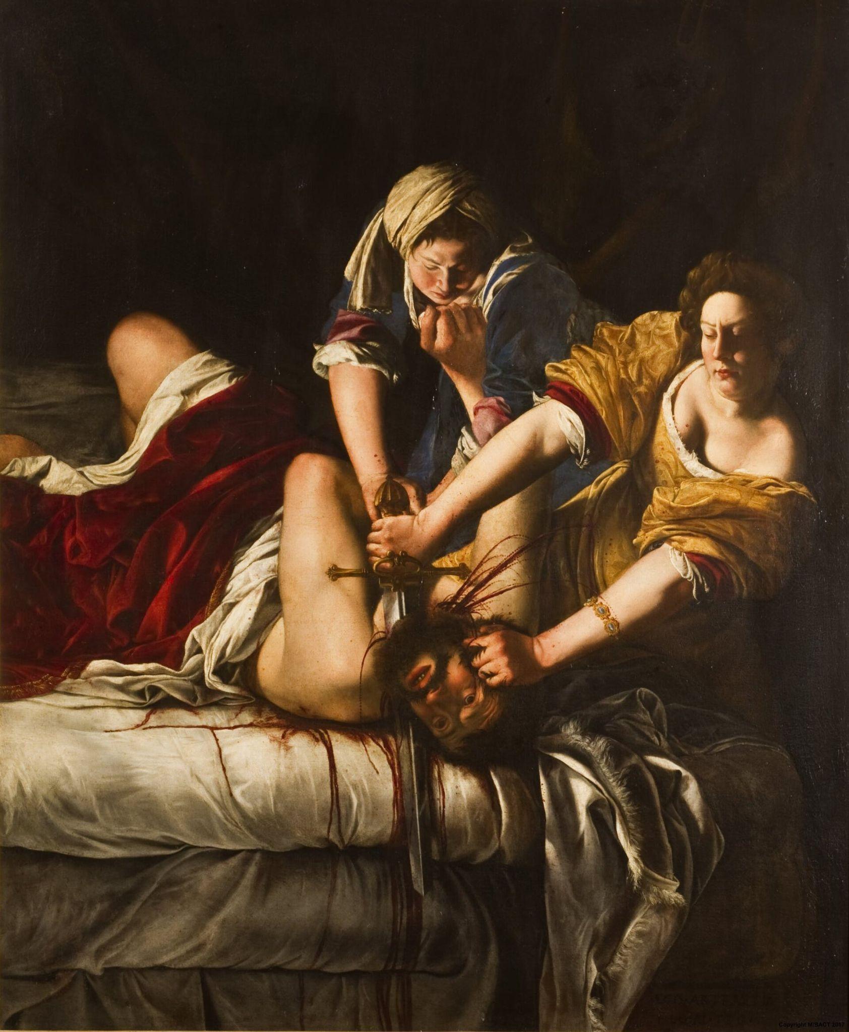 Artemisia Gentileschi's Judith Slaying Holofernes shows Judith and her maidservant in the middle of decapitating Holofernes. The painting has deep rich colors and a strong contrast of light and shadow.