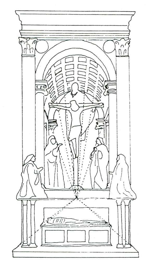 Line drawing of a religious altar featuring a crucifix with Jesus Christ at the center, surrounded by four figures in robes, saints and patrons. Architectural elements include two large columns with ornate capitals and a vaulted ceiling with a grid pattern, emphasizing a solemn and sacred setting.