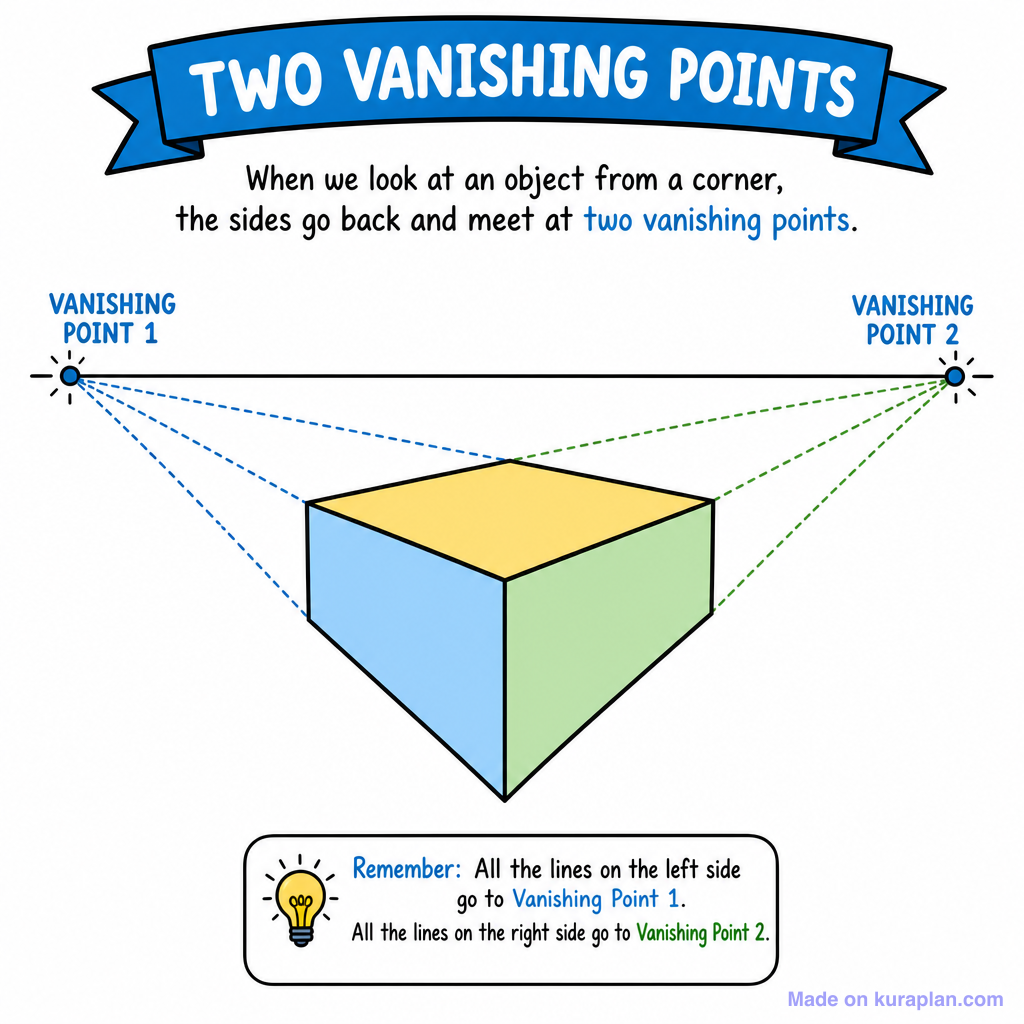 Diagram illustrating two-point perspective in drawing, showing a three-dimensional box with sides receding toward two vanishing points on a horizontal line. Blue and green dashed lines connect box edges to Vanishing Point 1 and Vanishing Point 2, with a note explaining left-side lines converge to Vanishing Point 1 and right-side lines to Vanishing Point 2.