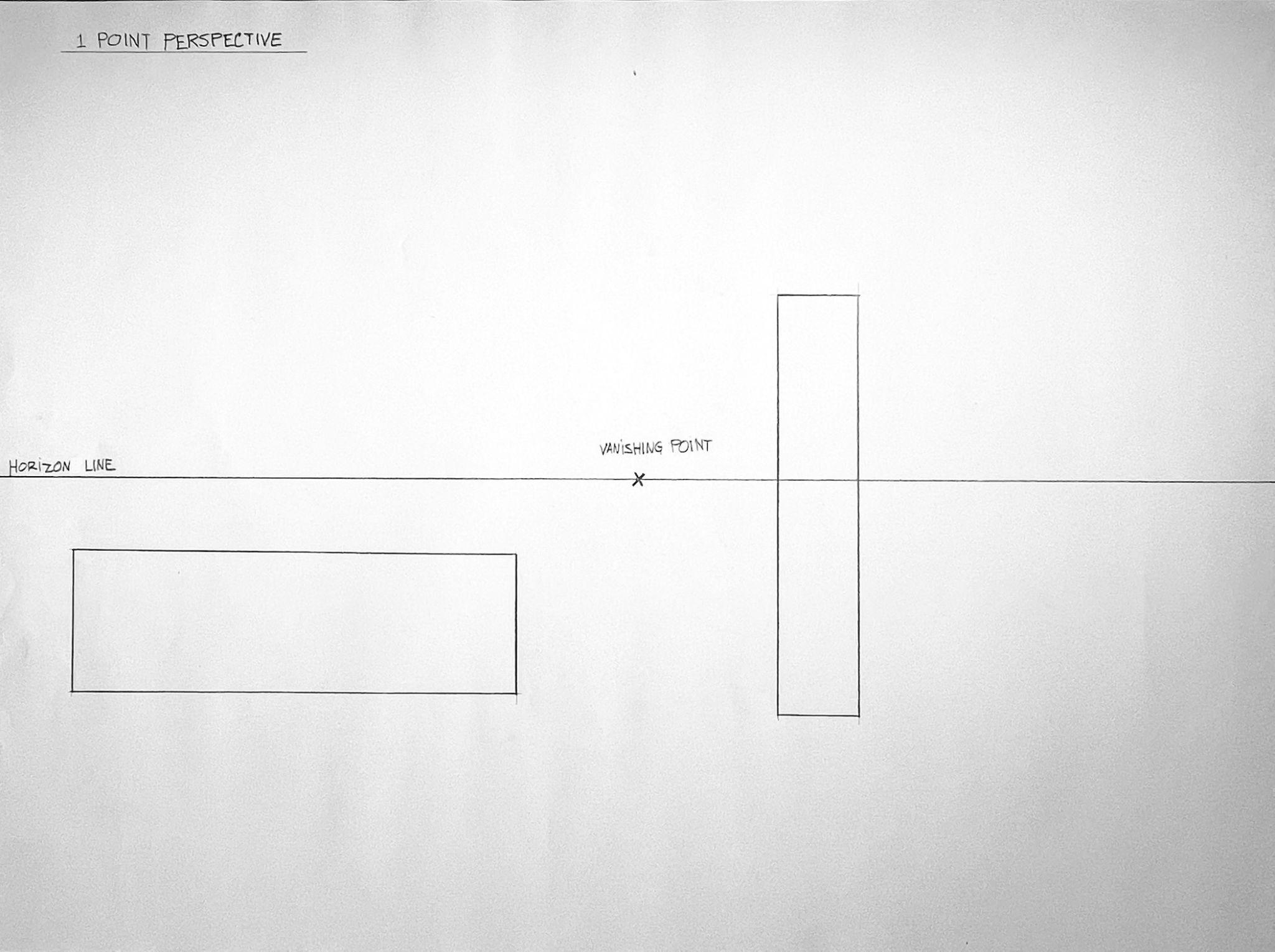 A line drawing diagram illustrating one-point perspective with a horizon line and a labeled vanishing point at center. Two rectangles are positioned on either side of the vanishing point. The left one is drawn below the horizon line and the right one is drawn partially below and partially above the horizon line, demonstrating how shapes align with perspective lines.
